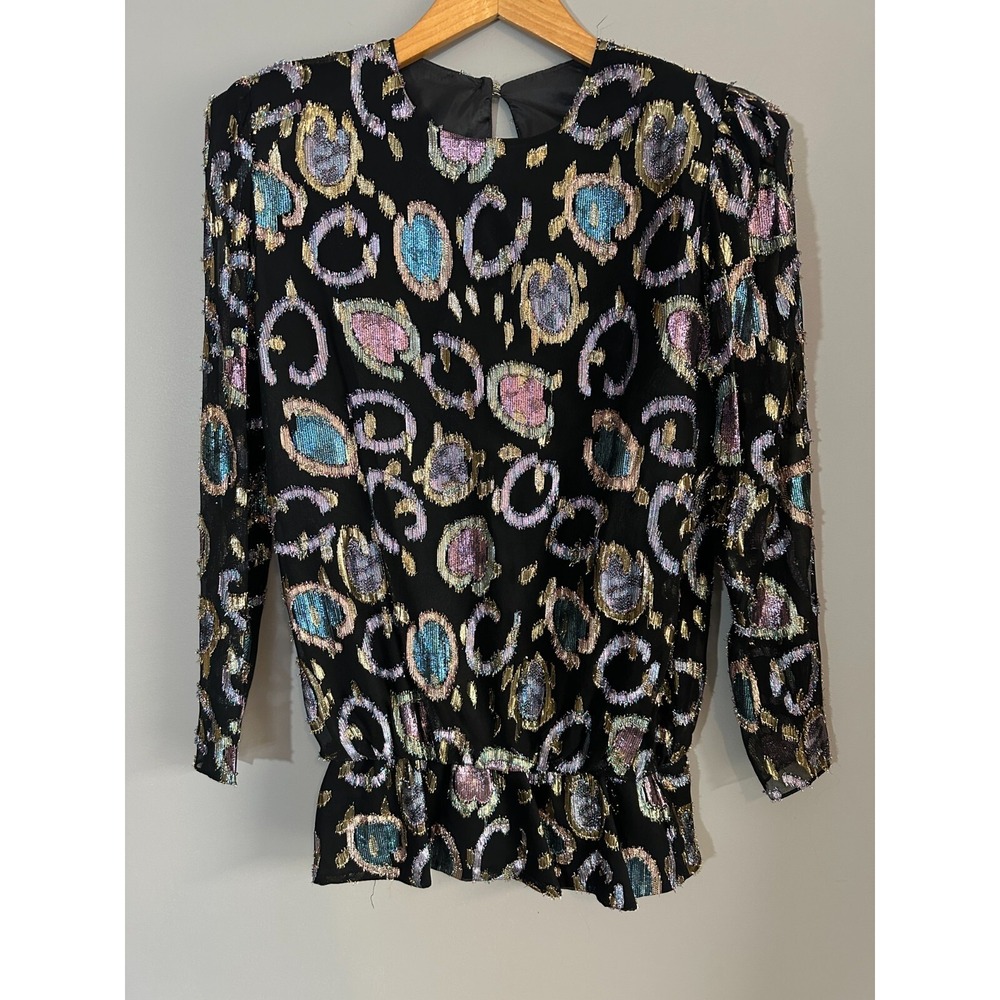 Vintage Simon Sez Women Blouse Med 9/10 Metallic Peplum 80s Glam Shimmer Top USA